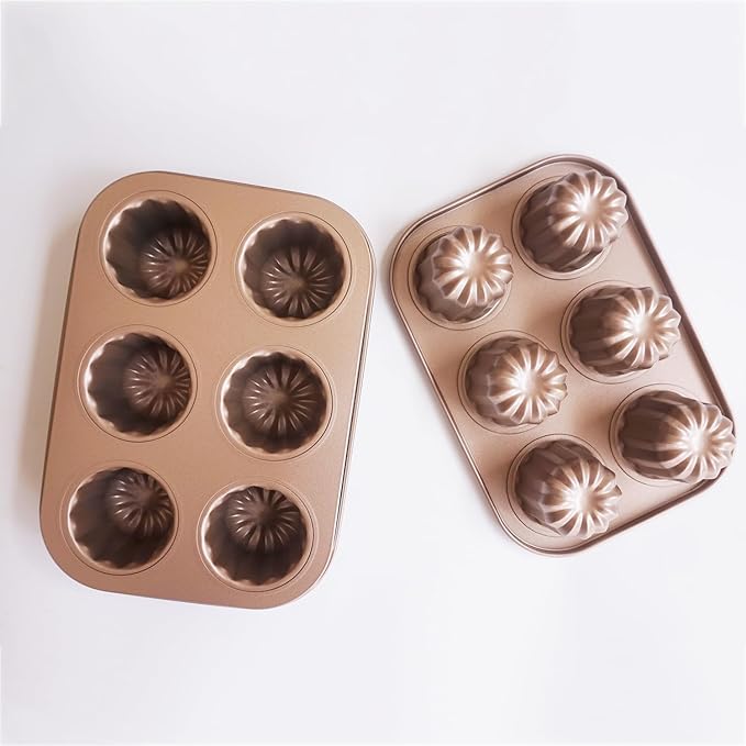 Canele Molds 6-Cavity Nonstick, Mini Canele Mold Cake Pan, Carbon Steel Canelle Pastry Molds, Washable Muffin Cupcake Pans for Oven Baking - Gold