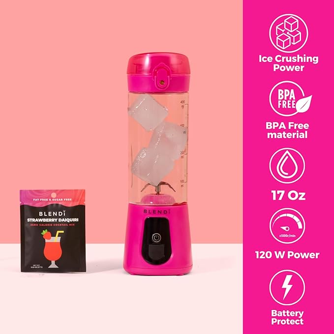 BLENDi Pro+ Portable Blender (New 2025 Model, 17.5oz, Hot Pink) – Upgraded Ice Crushing 120W Motor, USB-C Rechargeable, Cordless Personal Blender Smoothies & Shakes – BPA-Free, Travel-Friendly