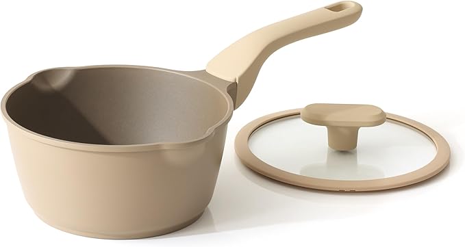 PRICUSIS Nonstick Saucepan with Lid, 2.7 Quart Sauce Pan, Healthy Sauce Pot with Pour Spouts for Multipurpose Use, PTFE, PFOA Free, Induction Compatible, Apricot