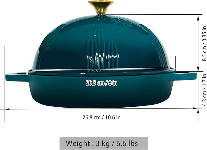 Cast Iron Bread Oven With Cloche Lid for Baking - Darkcyan Enameled Dutch Oven With Dome Lid for Sourdough - 2.6 qt
