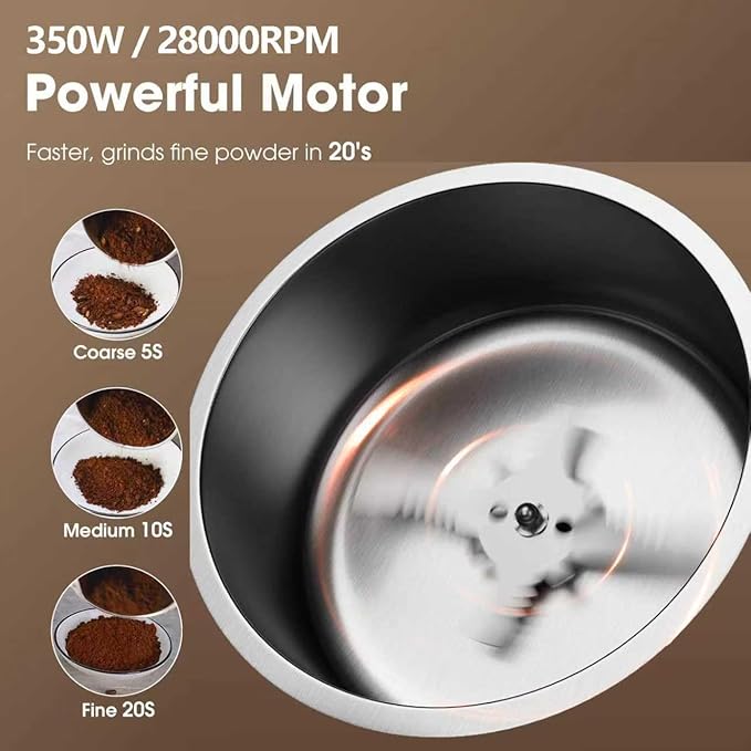 Professional Electric Coffee Grinders,10 OZ Large Capacity or Coffee Beans & Spices,One Touch Push-Button Control,350W Motor with Stainless Steel Blades,Safety Lid Lock - White