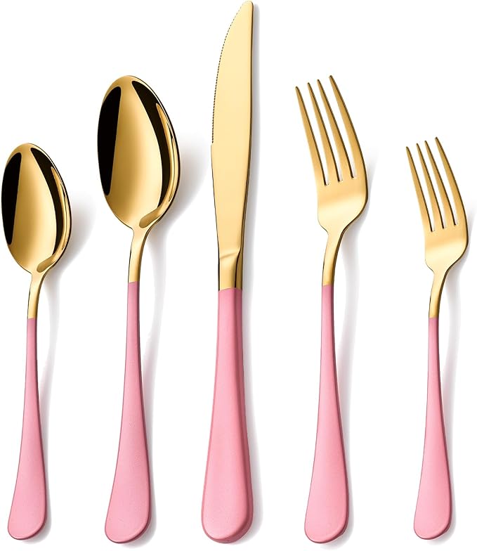 20 Piece Gold and Pink 18/0 Flatware Utensil Set for 4, Include Dinner Knife,Dinner Forks,Dinner Spoons,Salad Forks,Teaspoons,Silverware Set for 4, Dishwasher Safe
