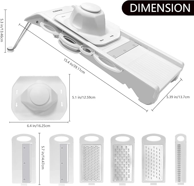 Mandoline Slicer Vegetable Chopper, Fruit Slicer, Cheese Grater & Potato Cutter with 6 Blades, Easy Kitchen Tool, White