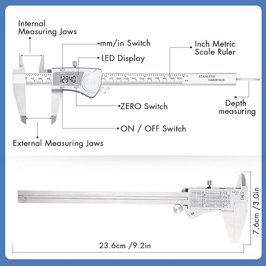 Electronic Digital Calipers, inch and Millimeter Conversion,LCD Screen displays 0-6" Caliper Measuring Tool, Automatic Shutdown, Suitable for DIY/Jewelry Measurement (200mm Stainless Steel)