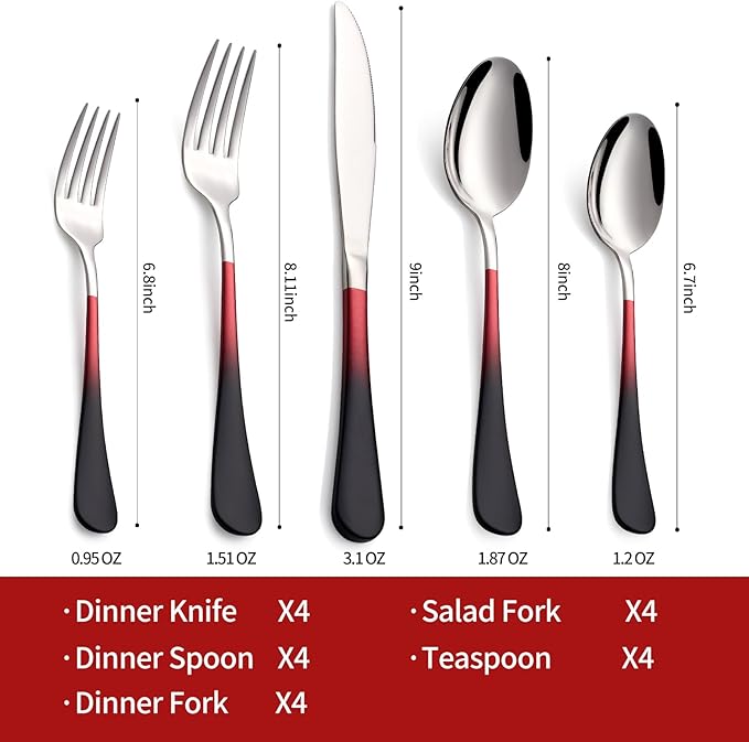 Colorful Silverware Set 20 Piece 18/0 Stainless Steel Flatware red and black Handle Cutlery Set Service for 4 Fork Knife Spoon Set Mirror Finish Dishwasher Safe