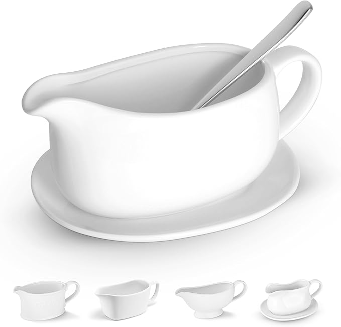 Kook Gravy Boat & Saucer, Ceramic Serving Dish, Dispenser with Tray for Sauces, Dressings and Creamer, Large Handle, Microwave and Dishwasher Safe, White 23.8 oz (Gravy Boat with Spoon)