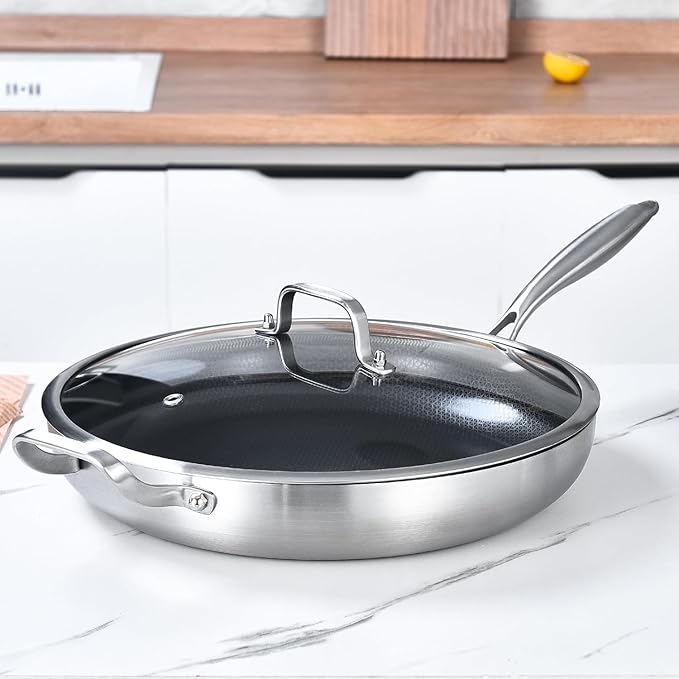 Inqibee 13-Inch Tri-Ply Hybrid Ceramic Non Stick Stainless Steel Frying Pan with Lid,Large Skillet,Induction Chef's Cooking Pan,Dishwasher and Oven Safe,Detachable Handle