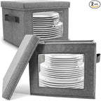 HOMELUX THEORY Hard Shell China Storage Containers for Dishes, 2pcs 12"x8" Plate Storage, Square Storage Containers with Lid, Heavy Duty Fine China Dish and Dinnerware Storage with 30 Felt Pads