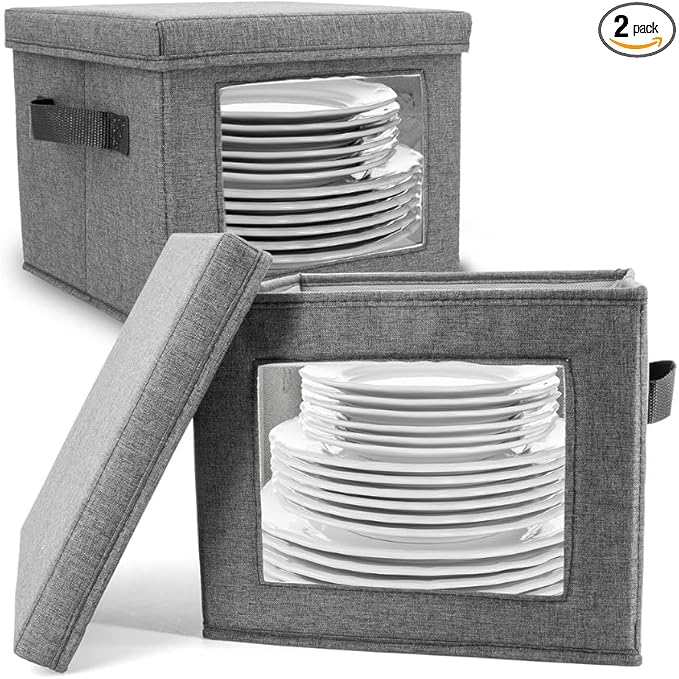 HOMELUX THEORY Hard Shell China Storage Containers for Dishes, 2pcs 12"x8" Plate Storage, Square Storage Containers with Lid, Heavy Duty Fine China Dish and Dinnerware Storage with 30 Felt Pads