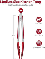 600ºF Heat Resistant Kitchen Tongs: U-Taste 9 inch Silicone Cooking Tong with Firm Sealed Non Stick Rubber Tips & Silicon Coated 18/8 Stainless Steel Handle & Smooth Locking for Serving Salad (Red)