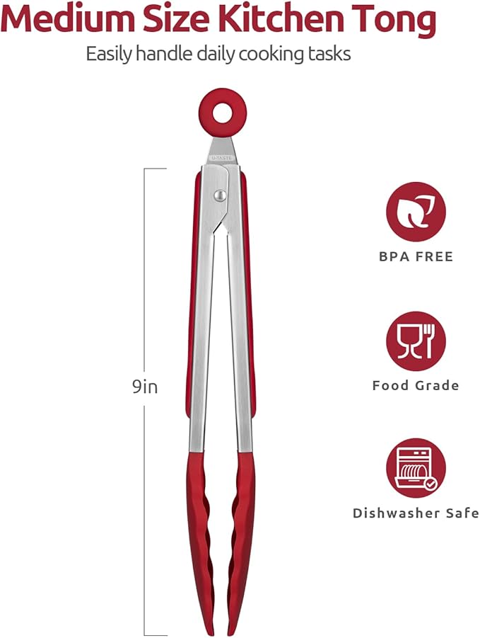 600ºF Heat Resistant Kitchen Tongs: U-Taste 9 inch Silicone Cooking Tong with Firm Sealed Non Stick Rubber Tips & Silicon Coated 18/8 Stainless Steel Handle & Smooth Locking for Serving Salad (Red)