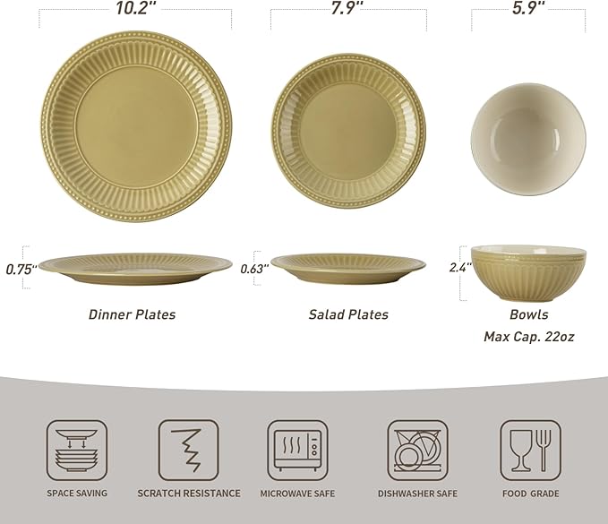 Famiware Garden Plates and Bowls Set for 6, 18-Piece Kitchen Dishes Dinnerware Set - Microwave and Dishwasher Safe, Scratch Resistant, Reactive Glaze and Embossed Stoneware Tableware, Yellow