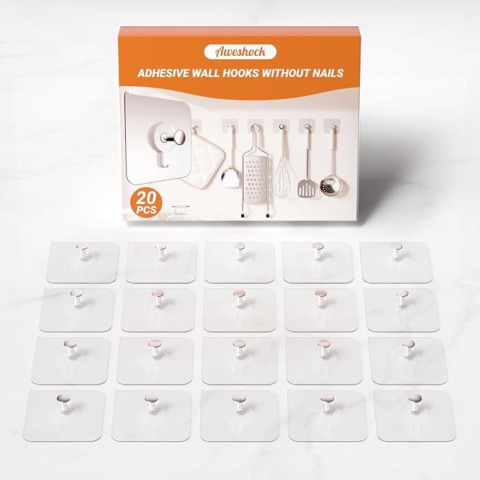 20 Pack Adhesive Wall Hooks, 13 lbs Max Load Picture Hangers Without Nials, Waterproof Oilproof No Damage Hooks for Bathroom Towels, Kitchen, Shower & Home Organization