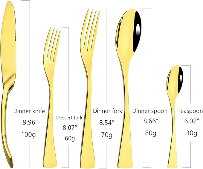 Gold Tableware 20Pcs Mirror Polished 18/10 Stainless Steel Luxury Flatware - Heavy Cutlery Set Service For 4 Include Knives/Forks/Spoons/Salad Fork/Teaspoon, Dishwasher Safe
