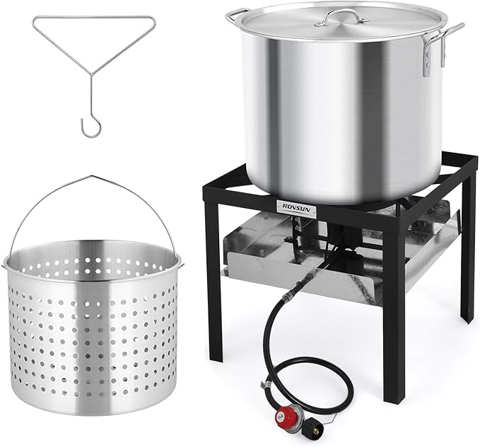 ROVSUN 80QT Turkey Fryer with Aluminum Boiler Steamer Basket & 150,000BTU Propane Burner, Outdoor Gas Deep Fryer & Seafood Crawfish Boil Pot Set with High Pressure Propane Regulator and Hose