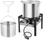 ROVSUN 80QT Turkey Fryer with Aluminum Boiler Steamer Basket & 150,000BTU Propane Burner, Outdoor Gas Deep Fryer & Seafood Crawfish Boil Pot Set with High Pressure Propane Regulator and Hose