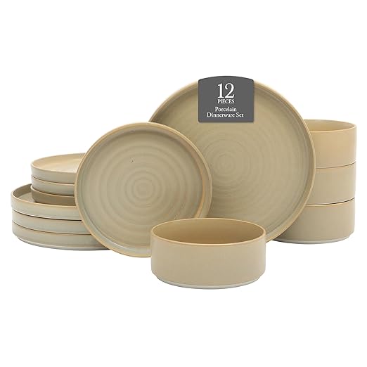 Gibson Elite Echo Bay 12 Piece Porcelain Reactive Glaze (Service for 4) Ceramic Plates and Bowls Modern Stackable Dinnerware Set - Green