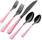 20-Pieces Blac and Pink Silverware Sets for 4,Pink Handle Stainless Steel Cutlery Set, Include Forks Spoons and Knives Set, Dishwasher Safe Utensil Sets for Home Restaurant