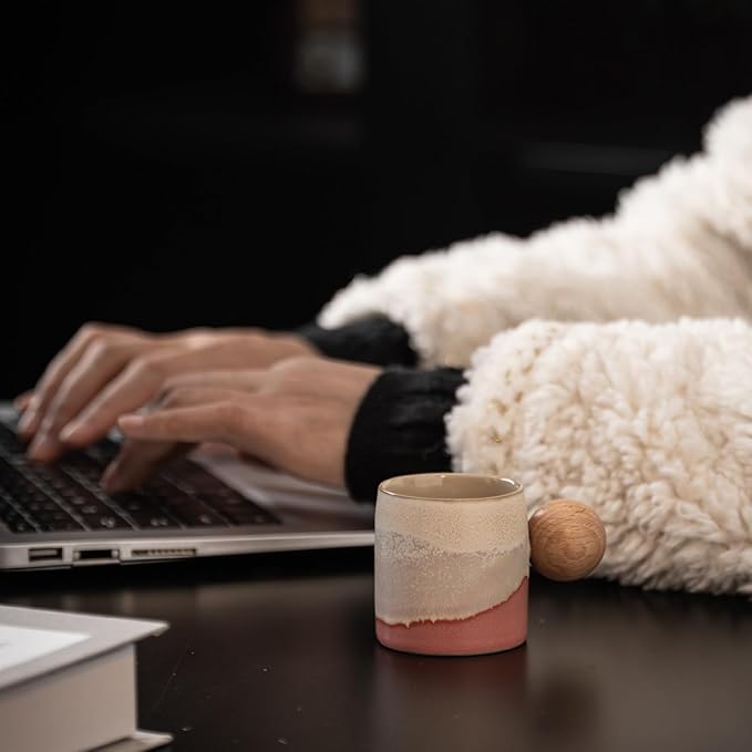 2-Oz Ceramic Espresso Cups with Wood Handle, 2/4-Piece Set for Coffee, Tea, Latte - Dishwasher Safe, Multi-Color & Wood Styles, Gift & Café Use (pink, Round Handle4)