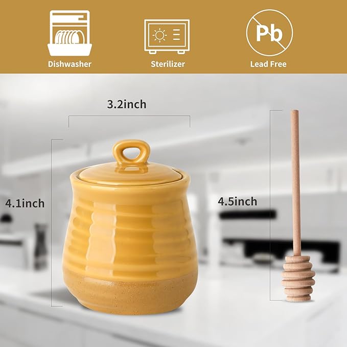 Hasense Ceramic Honey Pot With Lid, 12 Ounce Honey Jar and Wooden Dipper, Cute HoneyDish for Home Kitchen Coffee Bar Decor, Dishwasher Safe, Yellow