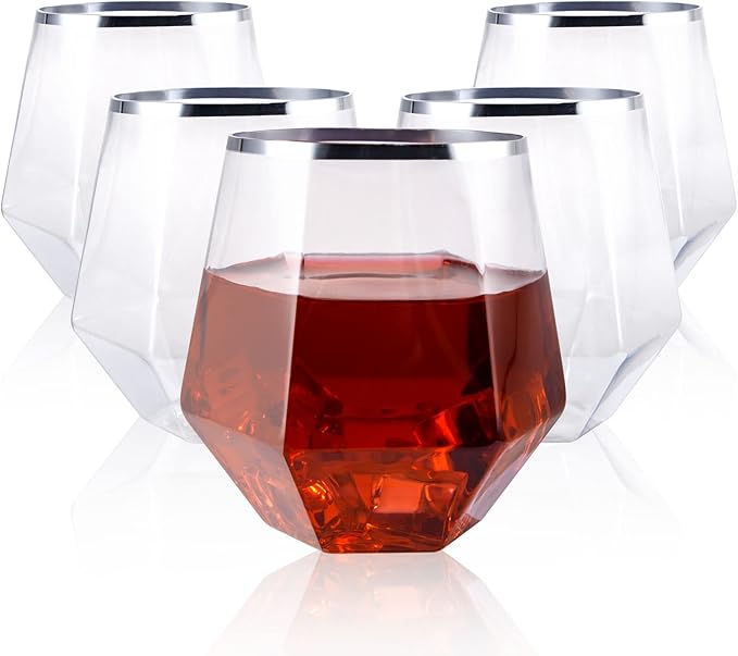 LUODA 32 Pack Silver Plastic Wine Glasses,12 Oz Disposable Whiskey Glasses, Silver Stemless Diamond Shaped Wine Glasses For Serving Wine, Cocktail, Whiskey