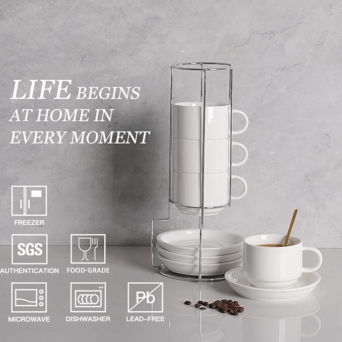 Sweejar Porcelain Cappuccino Cups with Saucers and Metal Stand, 8 Ounce Stackable Espresso Cups for Specialty Coffee Drinks, Latte, Americano, Tea - Set of 4 (White)