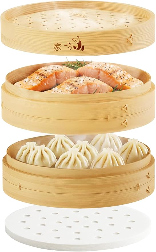 Prime Home Direct Bamboo Steamer Basket 8-Inch | 2-Tier Steamer for Cooking | 50 Liners | Small Instant Steaming Cookware Asian Food, Bao Buns, Chinese, Dim Sum, Dumpling, Rice, Vegetable Steam Pot