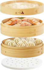 Prime Home Direct Bamboo Steamer Basket 8-Inch | 2-Tier Steamer for Cooking | 50 Liners | Small Instant Steaming Cookware Asian Food, Bao Buns, Chinese, Dim Sum, Dumpling, Rice, Vegetable Steam Pot