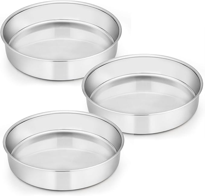 E-far 11 Inch Cake Pan Set of 3, Stainless Steel Round Cake Baking Pans, Non-Toxic & Healthy, Mirror Finish & Dishwasher Safe