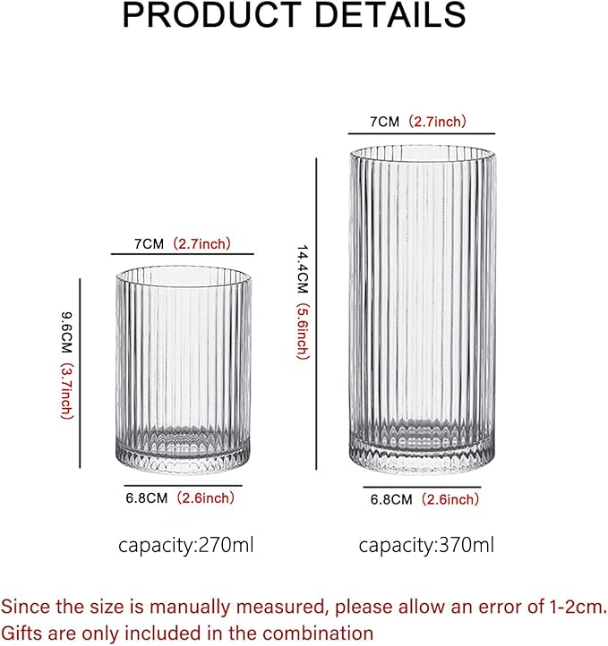 INSETLAN Glass Cups Vintage Glassware Set of 4 Large, Origami Style Transparent Cocktail Glasses Set, Bar Beverages Ice Coffee Cup Juice Ripple Drinkware, 370ml (L)