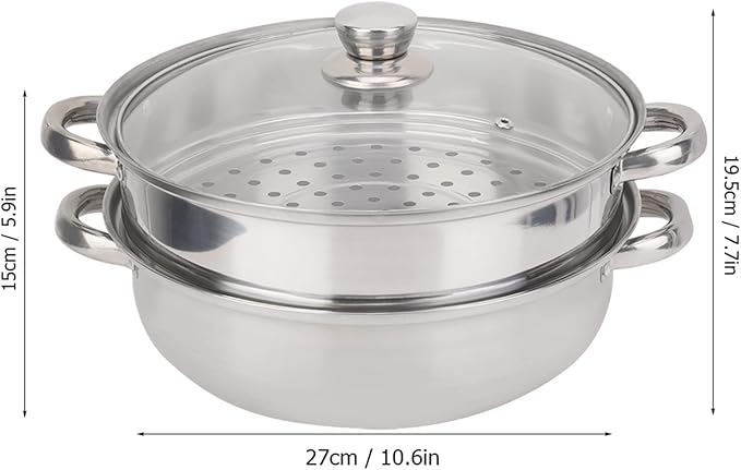 Oumefar Steamer Pot for Cooking, 11in Stainless Steel 2 Layer Steamer Cooking Pot Set, Multipurpose Steamer Pan Set with Glass Lid, Steaming Pot Cookware for Dumpling, Vegetable