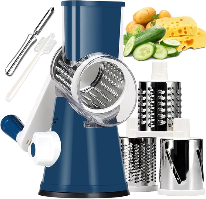 KEOUKE Rotary Cheese Grater Hand Crank Deep Blue - Shredder Slicer Grinder 3 Stainless Steel Blades, Stable Suction, Labor-Saving Handle, Safe Kitchen Tool for Cheese, Vegetable, Nuts, Chocolate