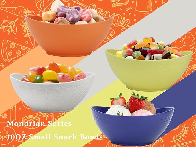 Homienly Wheat Starw Small Bowls - 10 OZ Mini Bowls for Snack, Dessert, Fruits,Small Portions,Ice Cream,Dip,Yogurt, 5 Inch Oval Dish Set of 4,Microwave and Dishwasher Safe-Mondrian Color