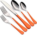 20-Piece Orange Silverware Set 18/0 Stainless Steel Flatware Orange Handle Cutlery Set Service for 4 Dinner Knives Forks Spoons Set Mirror Finish Dishwasher Safe
