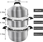 MANO Steamer Pot for Cooking 14.2 inch Steam Pots with Lid 2-tier Stainless Steel Steaming Pot Multipurpose Cookware with Handle for Vegetable, Dumpling, Stock, Sauce, Food…
