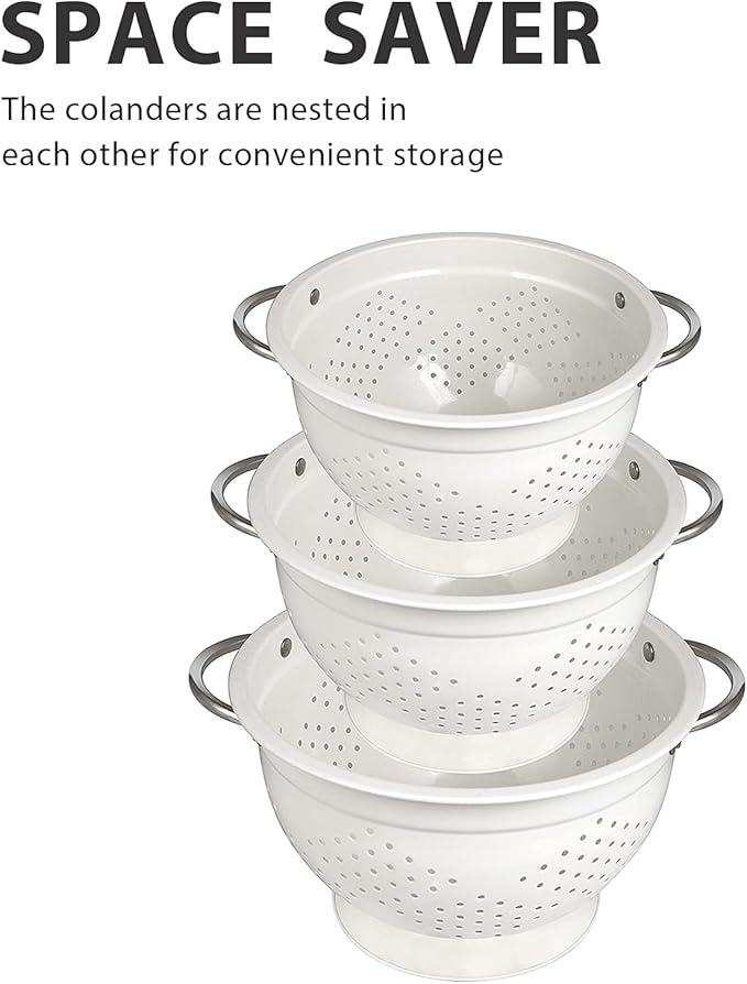 Hillbond Colander Set for Kitchen, 1.5, 3, 5 Qt Stainless Steel Handle Food Strainers and Colanders for Pasta, Vegetables, and Fruits, Coated Metal Kitchen Essential Colanders