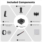 IKAPE 53MM Black Espresso Tool Set 8 IN 1, Coffee Tamper, Distributor, Magnetic Funnel, Puck Screen, Tamper Station, Stirrer Distribution Tool, Cleaning Towel and Brush