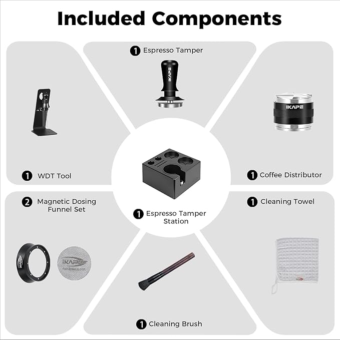 IKAPE 53MM Black Espresso Tool Set 8 IN 1, Coffee Tamper, Distributor, Magnetic Funnel, Puck Screen, Tamper Station, Stirrer Distribution Tool, Cleaning Towel and Brush