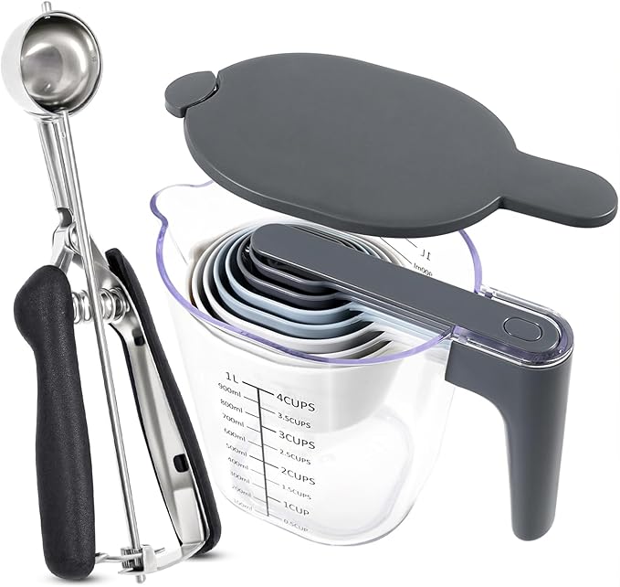 Measuring Cups and Spoons set 11-Piece, Stackable Measuring Cup with Lid and Cookie Scoop (#50), BPA Free, Dishwasher Safe, Cooking Baking Gadgets