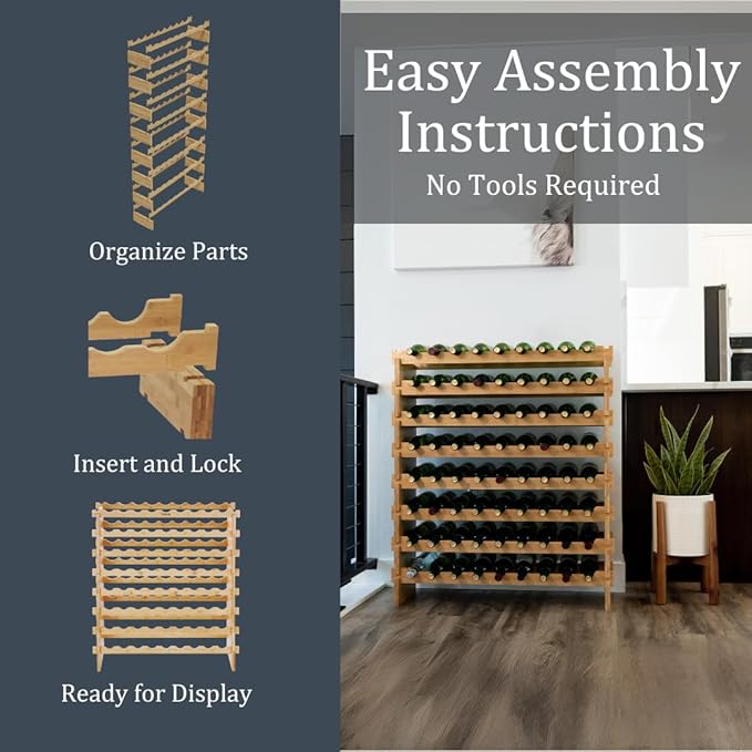 72 Bottle Bamboo Stackable Freestanding Wine Rack, No Tools Assembly, Durable, Wine and Liquor Bottle Storage for Small Spaces