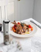 CIRCLE JOY Electric Pepper Grinder Stainless Steel Rechargeable Pepper Mill with Variable Grinding Speed, External Adjustable Coarseness, 95ml Container and White LED Light, Silver