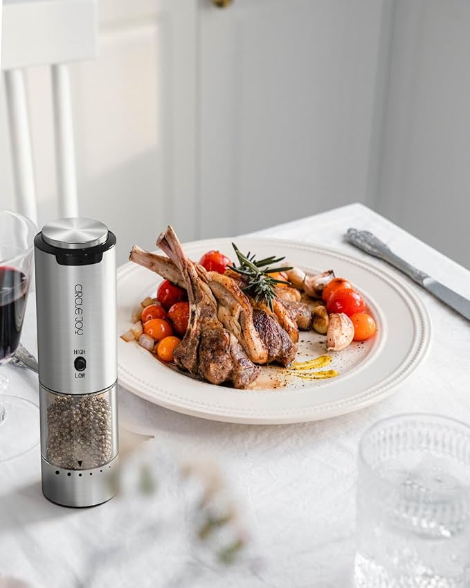 CIRCLE JOY Electric Pepper Grinder Stainless Steel Rechargeable Pepper Mill with Variable Grinding Speed, External Adjustable Coarseness, 95ml Container and White LED Light, Silver