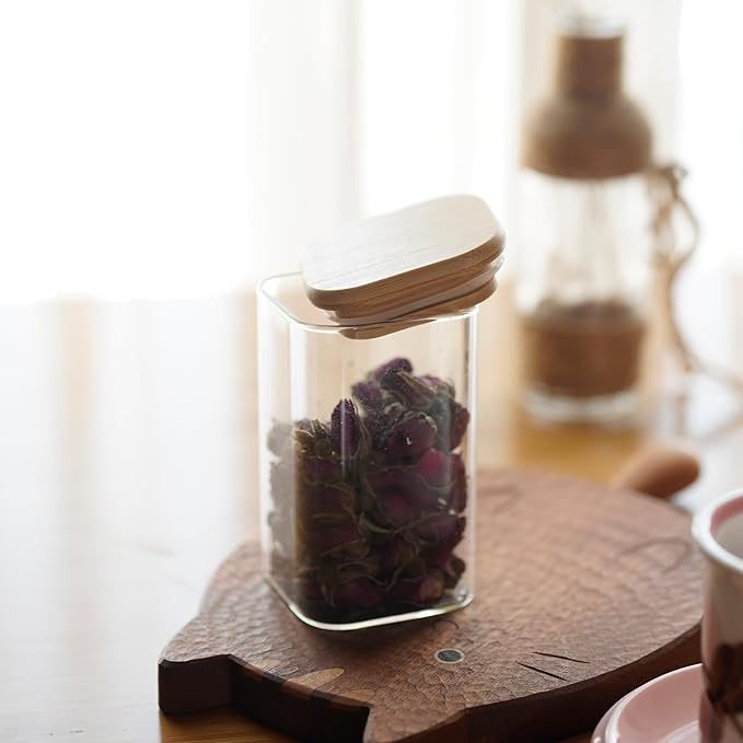 Glass Food Storage Jars Square 8oz, 12 Pack Glass Jars With Bamboo Lids, Kitchen Storage Containers For Spice, Candy, Cookie, Storage For Pantry Organizers