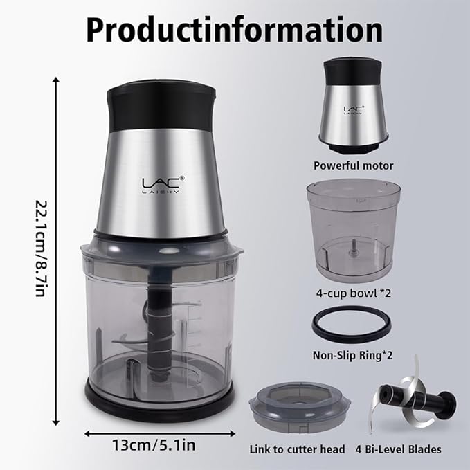 Food Processor 4 Cup,Meat Grinder with 2 Bowls,Electric Food Chopper,Powerful Motor 2 Speed & 4 Blades for Baby Food,Meat,Onion,Vegetables,Fruits