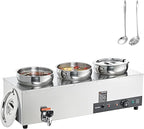 VEVOR Electric Soup Warmer, Three 7.4QT Stainless Steel Round Pot 86~185°F Adjustable Temp, 1200W Commercial Bain Marie with Anti-dry Burn and Reset Button, Soup Station for Restaurant, Buffet, Silver