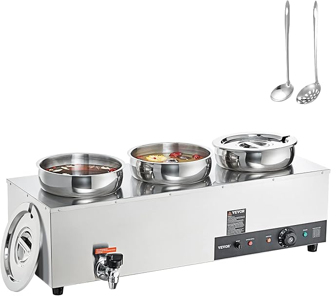 VEVOR Electric Soup Warmer, Three 7.4QT Stainless Steel Round Pot 86~185°F Adjustable Temp, 1200W Commercial Bain Marie with Anti-dry Burn and Reset Button, Soup Station for Restaurant, Buffet, Silver
