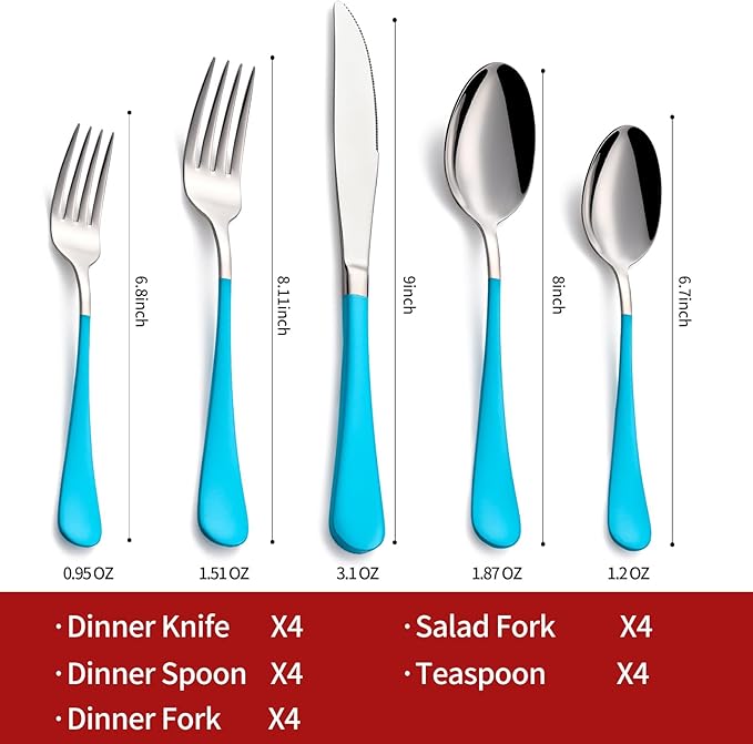 20-Piece Blue Silverware Set 18/0 Stainless Steel Flatware Blue Handle Cutlery Set Service for 4 Dinner Knives Forks Spoons Set Mirror Finish Dishwasher Safe