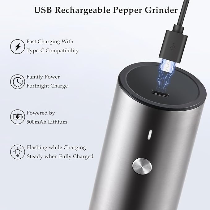 Electric Salt and Pepper Grinder Set, USB Rechargeable, Stainless Steel Automatic Salt and Pepper Mill Grinder with Adjustable Coarseness, Electric Salt Shakers, LED Light, Refillable (2 Packs)