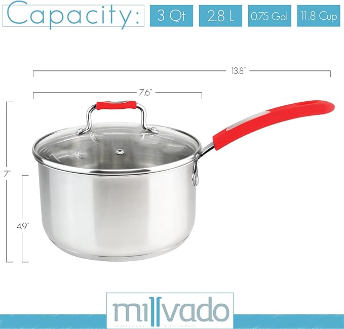 Sauce Pan, Stainless Steel 3 Quart Sauce Pan with Clear Glass Lid and Permanent Measurement Markings, Small Boiling Pot, Induction, Gas Electric Compatible