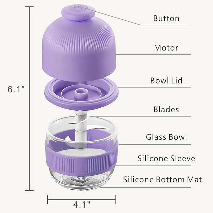 Cordless Food Processor, 350ml Glass Bowl Mini Garlic Chopper Wireless, Battery Operated Electric Food Chopper, Small USB-C Rechargeable Vegetable Meat Blender Grinder, Portable Kitchen Mixer (Purple)